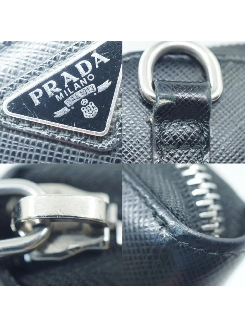 Prada Shoulder Card Slot Coin Purse Leather Coinverse Black Silver